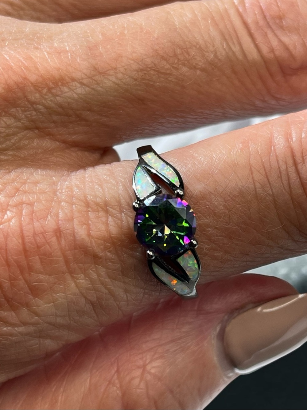 Mystic Quartz Opal Inlay Gunmetal Statement Ring Size 9.5